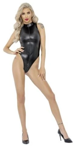 Noir Handmade Wetlook Body Met Slangenprint En Rits - Zwart